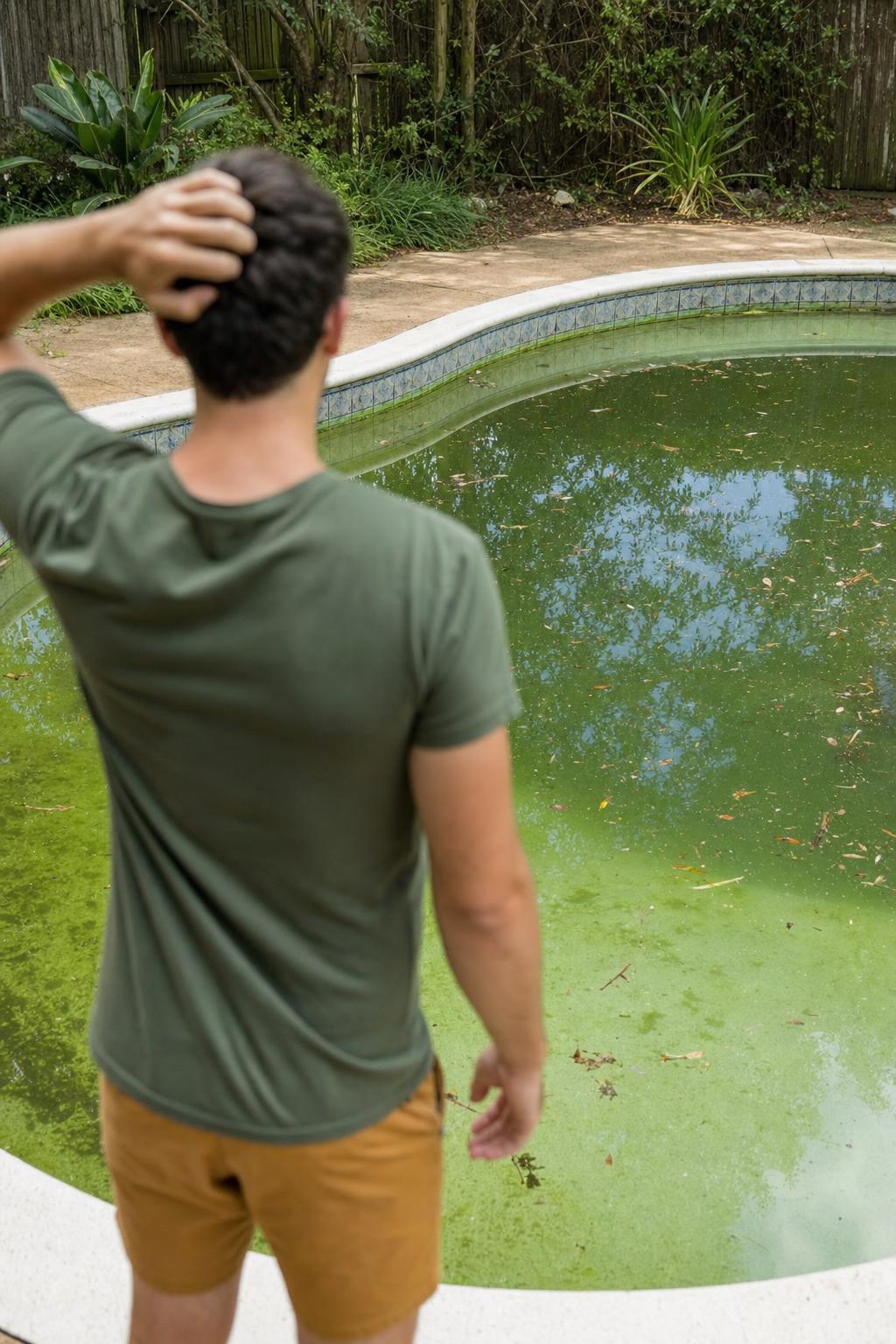 A homeowner looking frustrated at a backyard pool that has turned green and needs cleaning
